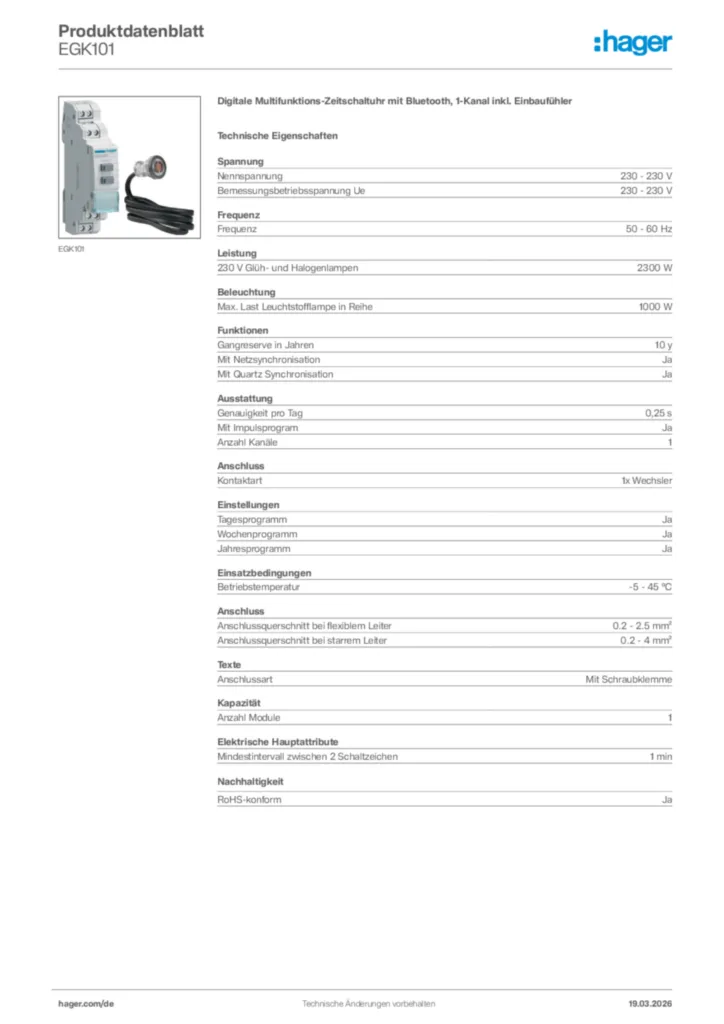 Bild Hager Produktdatenblatt EGK101 | Hager Deutschland
