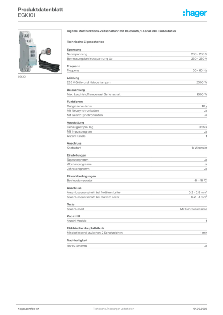 Bild Hager Produktdatenblatt EGK101 | Hager Schweiz