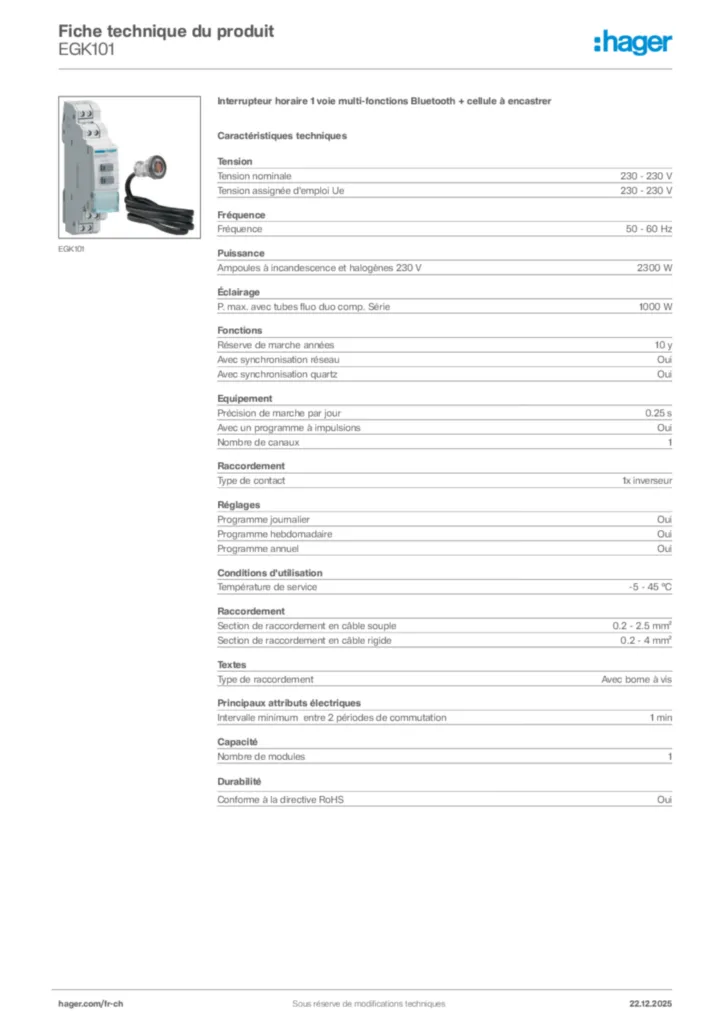 Image Hager Fiche technique du produit EGK101 | Hager Suisse