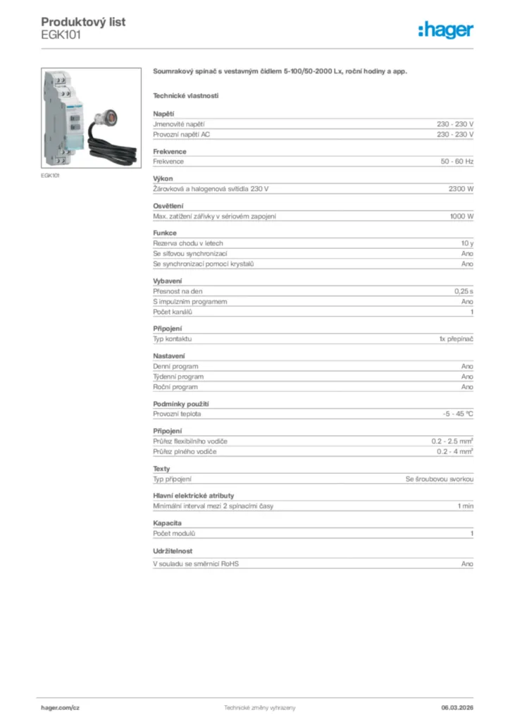 Obrázek Hager Product data sheet EGK101 | Hager