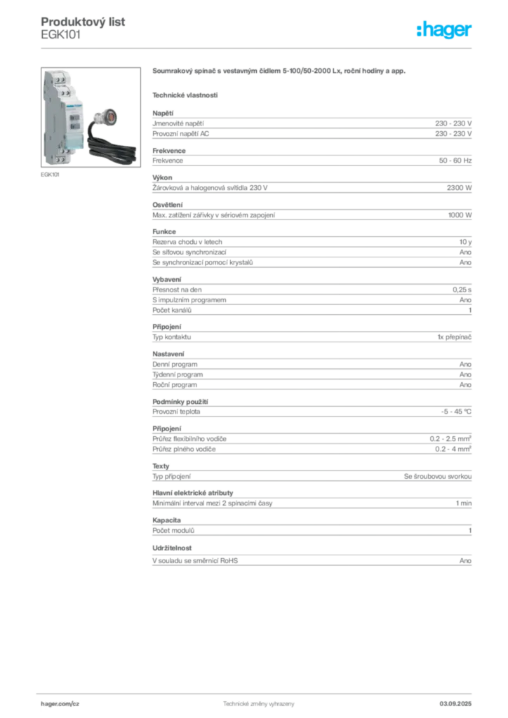 Obrázek Hager Produktový list EGK101 | Hager