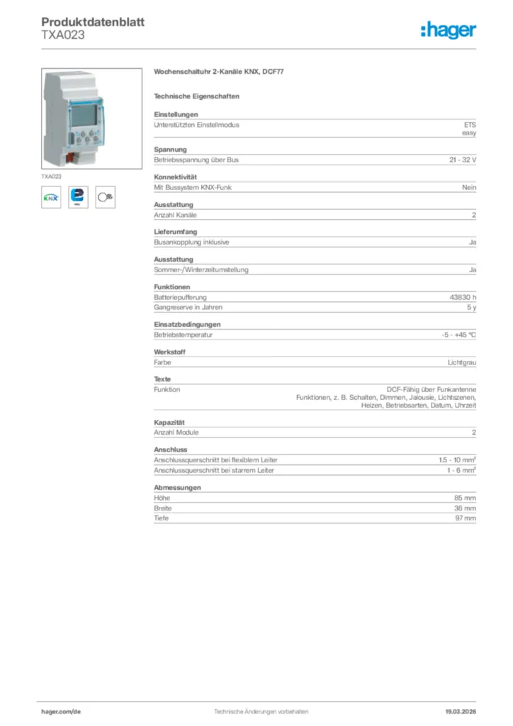 Bild Hager Produktdatenblatt TXA023 | Hager Deutschland