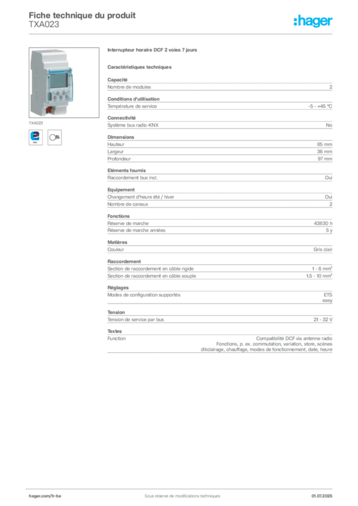 Image Hager Fiche technique du produit TXA023 | Hager Belgique