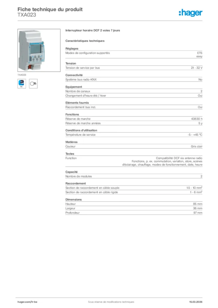 Image Hager Fiche technique du produit TXA023 | Hager Belgique