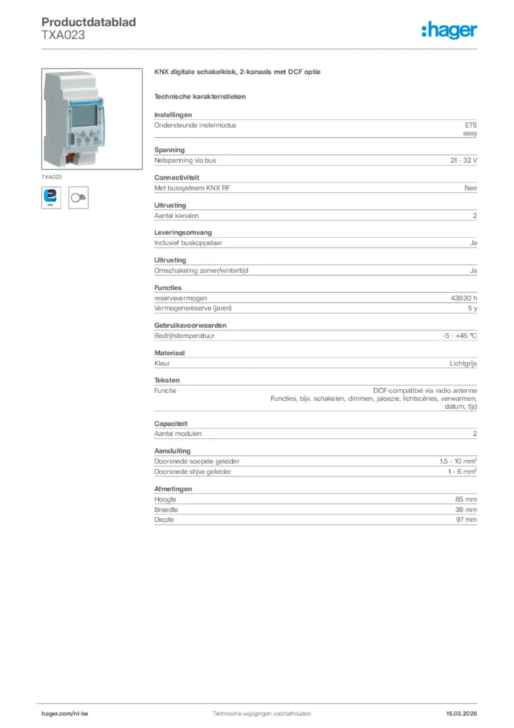 Afbeelding Hager Productdatablad TXA023 | Hager Belgium