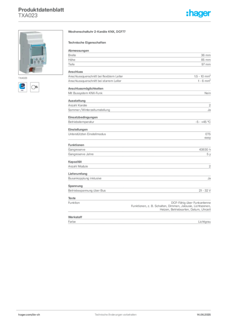 Bild Hager Produktdatenblatt TXA023 | Hager Schweiz