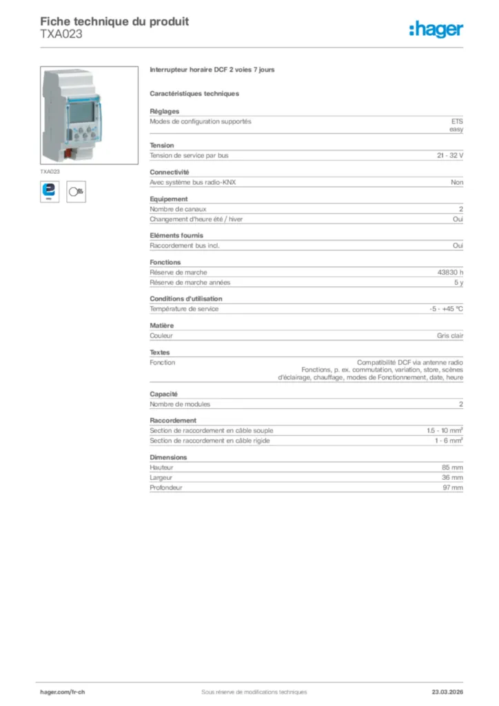 Image Hager Fiche technique du produit TXA023 | Hager Suisse