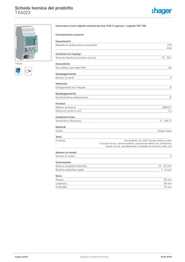 Immagine Hager Scheda tecnica del prodotto TXA023 | Hager Italia