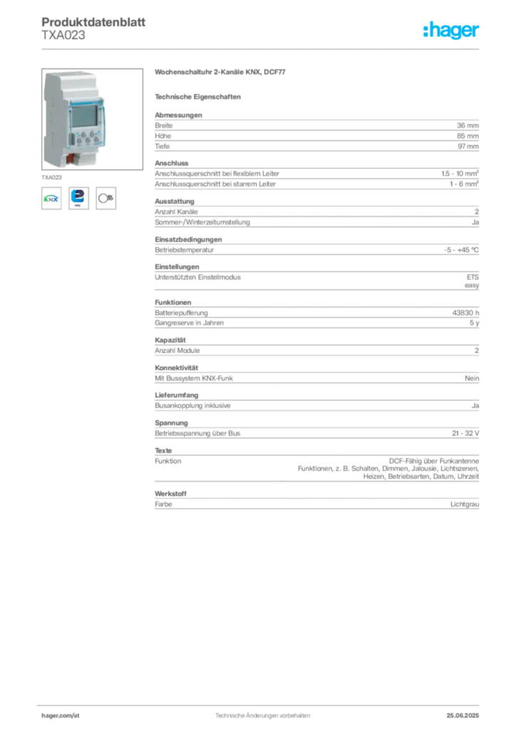 Bild Hager Produktdatenblatt TXA023 | Hager Deutschland