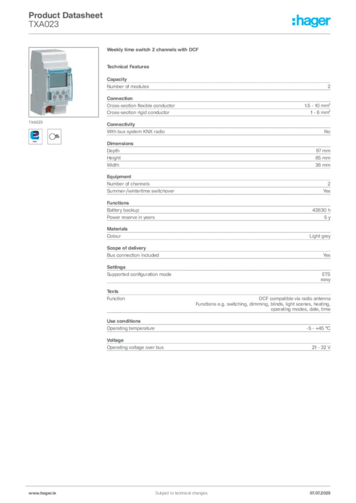 Image Hager Product data sheet TXA023  | Hager