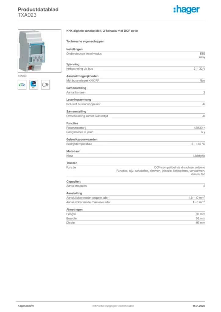 Afbeelding Hager Productdatablad TXA023 | Hager Nederland