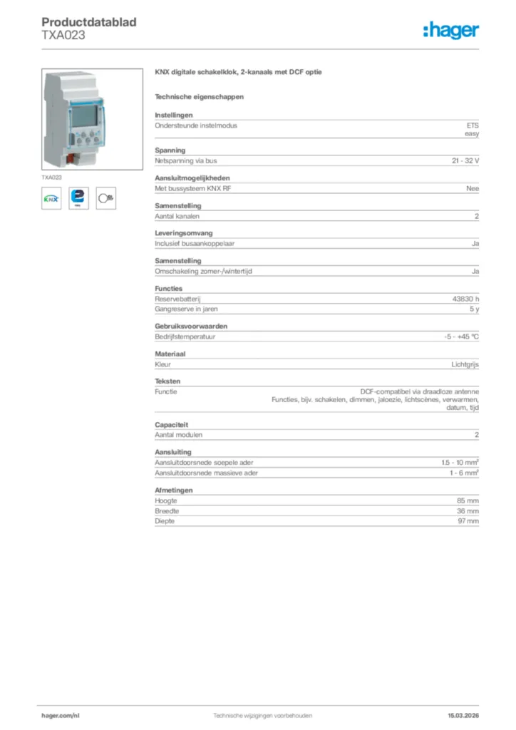 Afbeelding Hager Productdatablad TXA023 | Hager Nederland