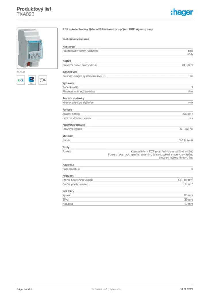 Obrázek Hager Product data sheet TXA023 | Hager
