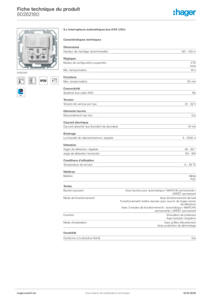 Image Hager Fiche technique du produit 80262180 | Hager Belgique