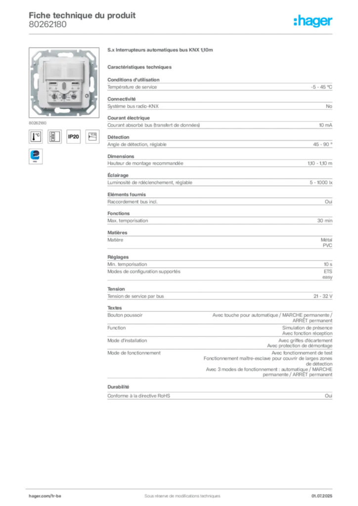 Image Hager Fiche technique du produit 80262180 | Hager Belgique