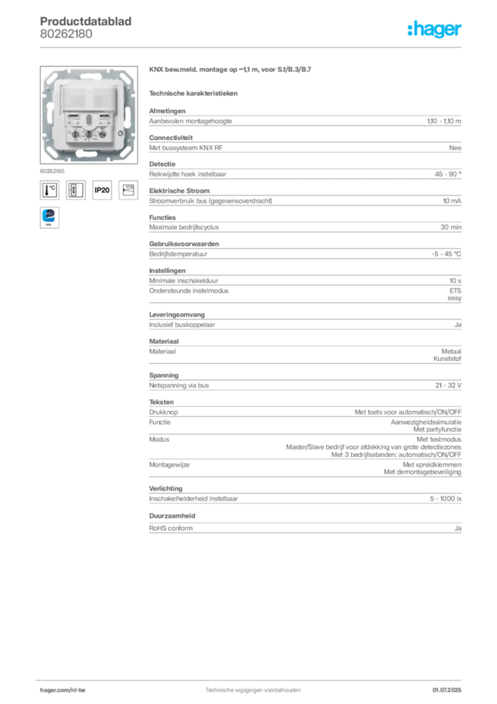 Afbeelding Hager Productdatablad 80262180 | Hager Belgium