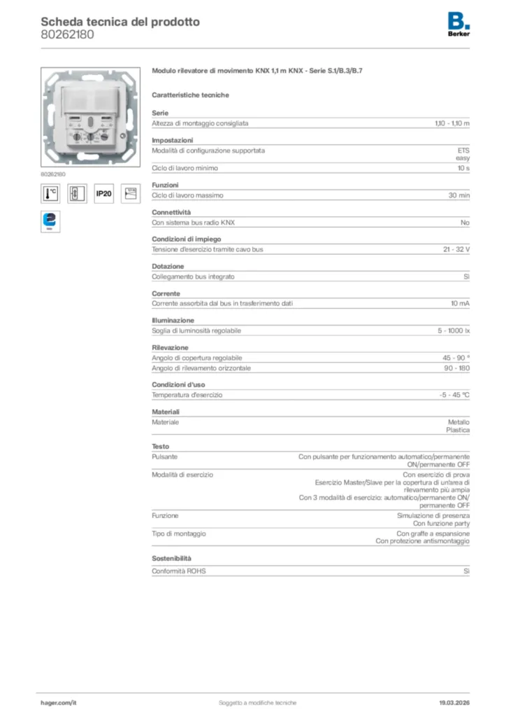 Immagine Berker Scheda tecnica del prodotto 80262180 | Hager Italia