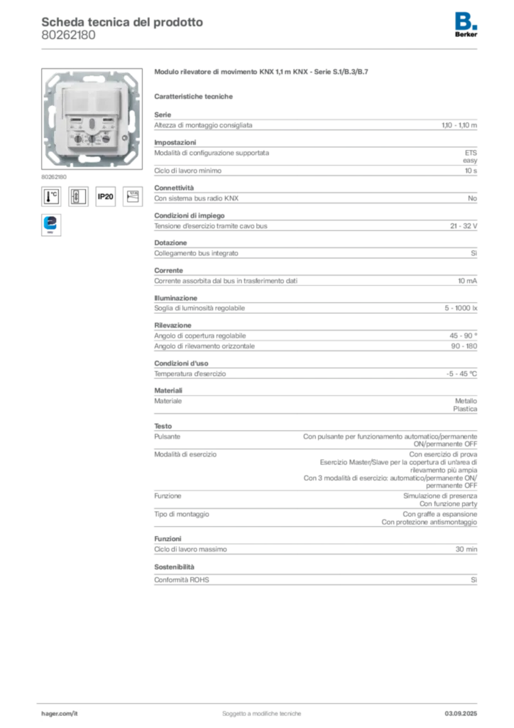 Immagine Berker Scheda tecnica del prodotto 80262180 | Hager Italia