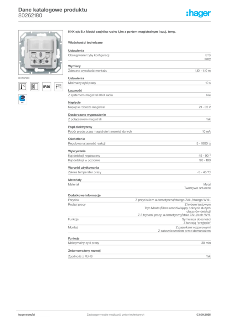 Zdjęcie Hager Dane katalogowe produktu 80262180 | Hager Polska