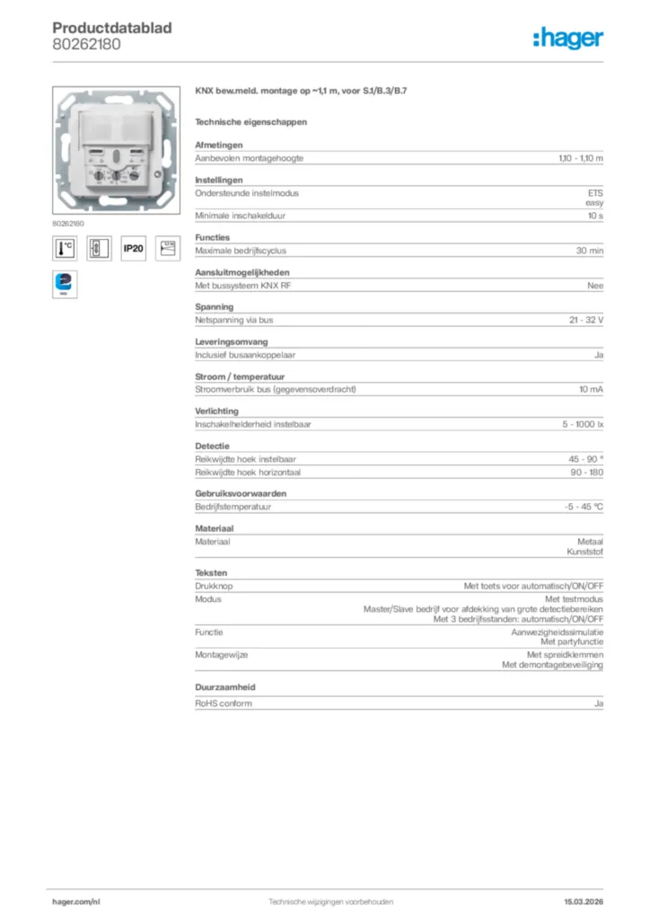 Afbeelding Hager Productdatablad 80262180 | Hager Nederland