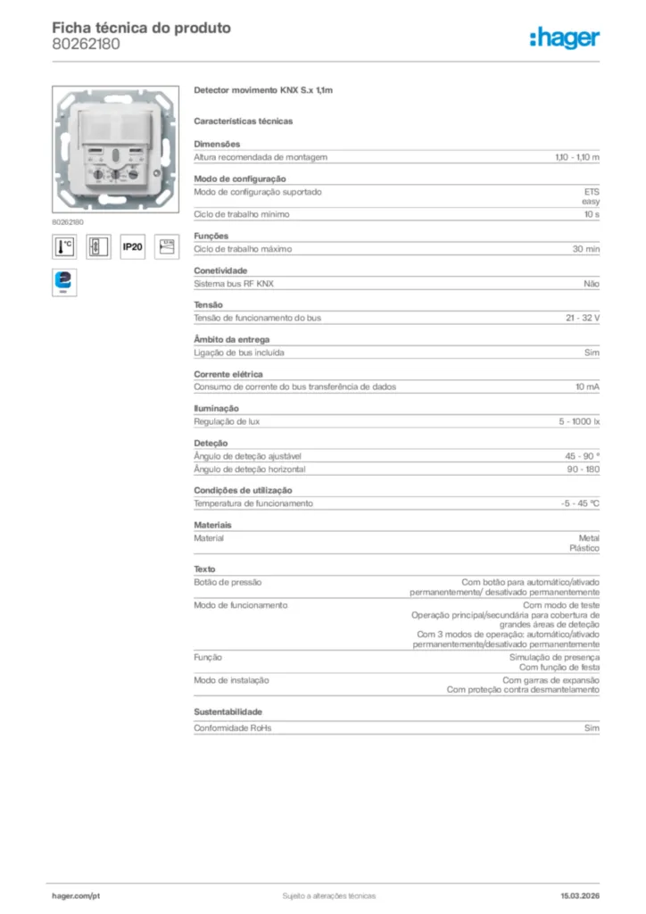 Imagem Hager Ficha técnica do produto 80262180 | Hager Portugal