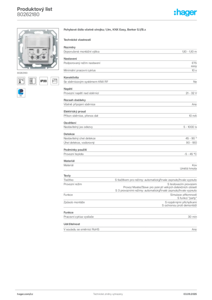 Obrázek Hager Produktový list 80262180 | Hager