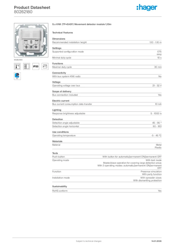 Image Hager Product data sheet 80262180  | Hager