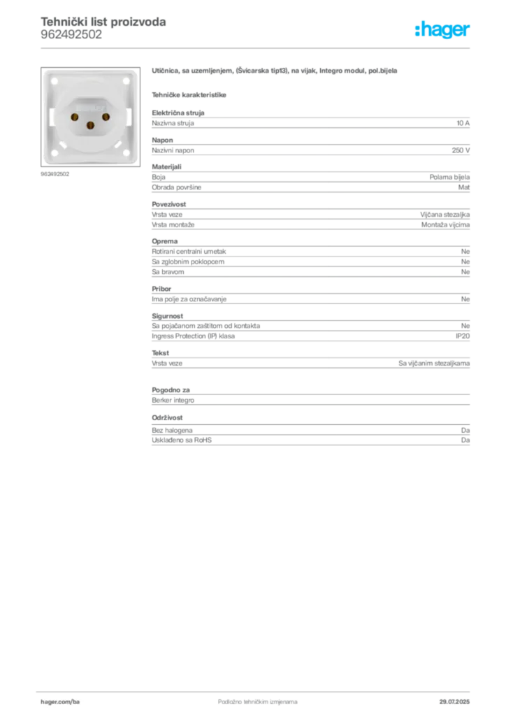 Slika Hager Product data sheet 962492502  | Hager