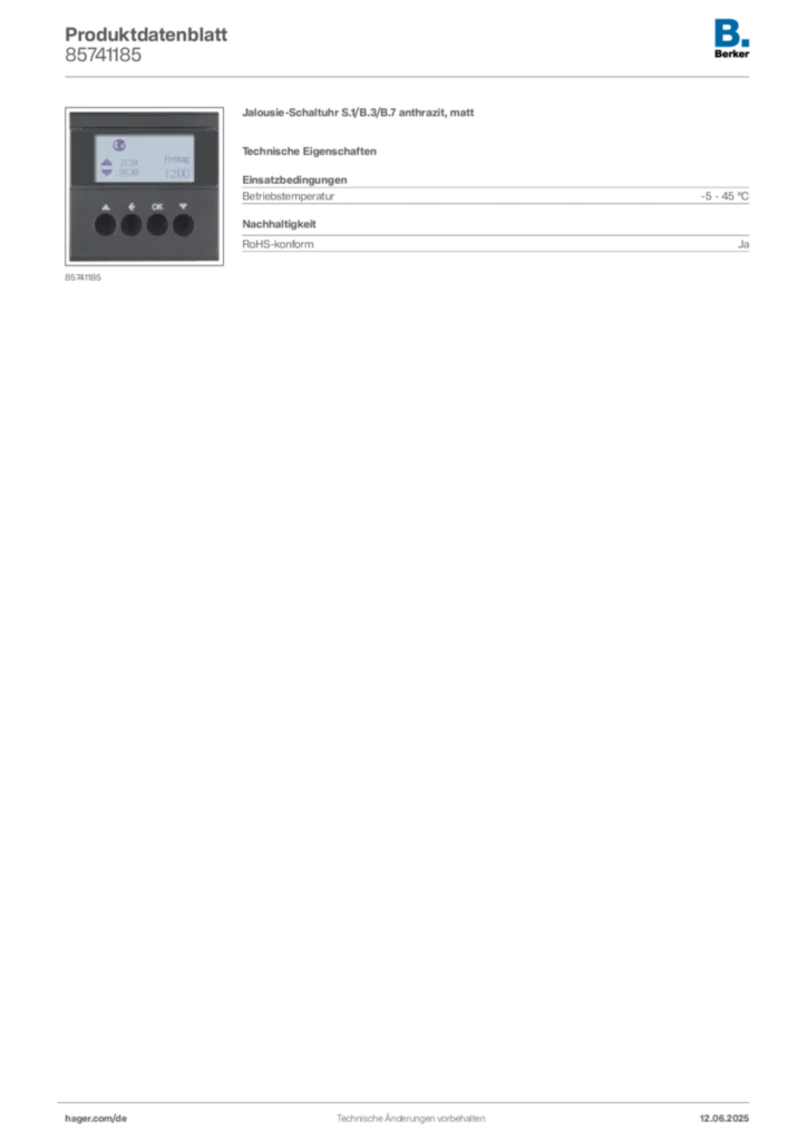 Bild Berker Produktdatenblatt 85741185 | Hager Deutschland
