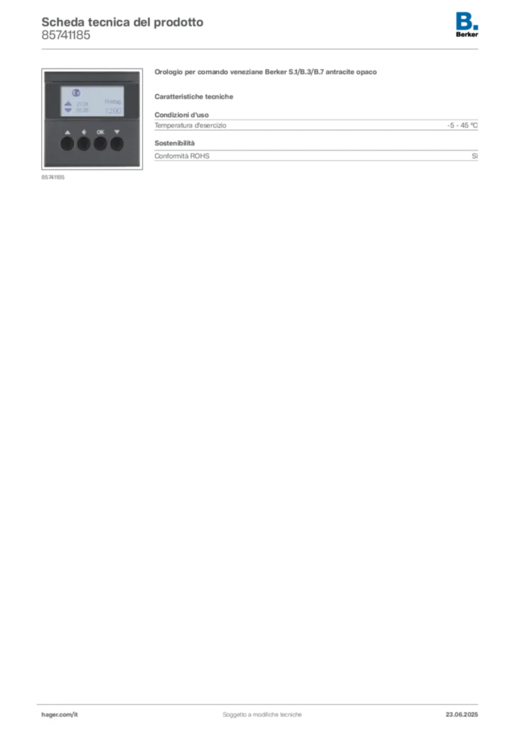 Immagine Berker Scheda tecnica del prodotto 85741185 | Hager Italia