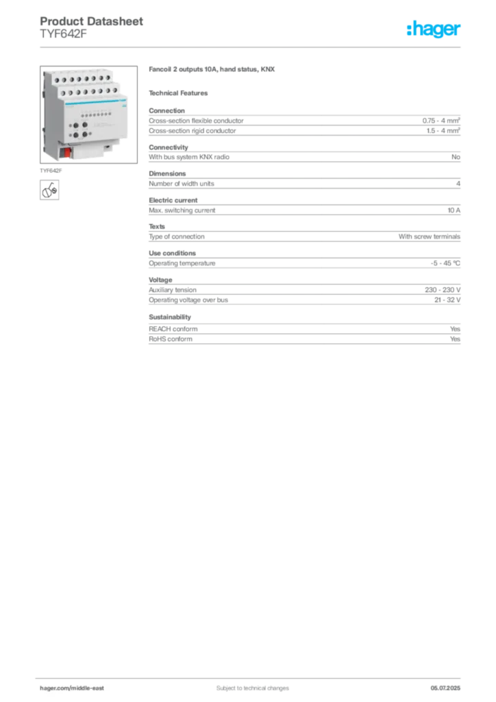 Image Hager Product data sheet TYF642F  | Hager