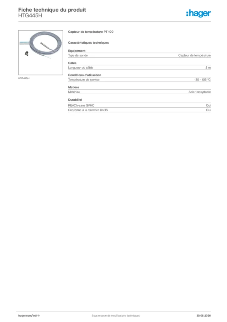 Image Hager Fiche technique du produit HTG445H | Hager Afrique