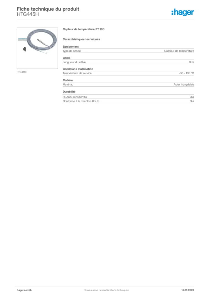 Image Hager Fiche technique du produit HTG445H | Hager France