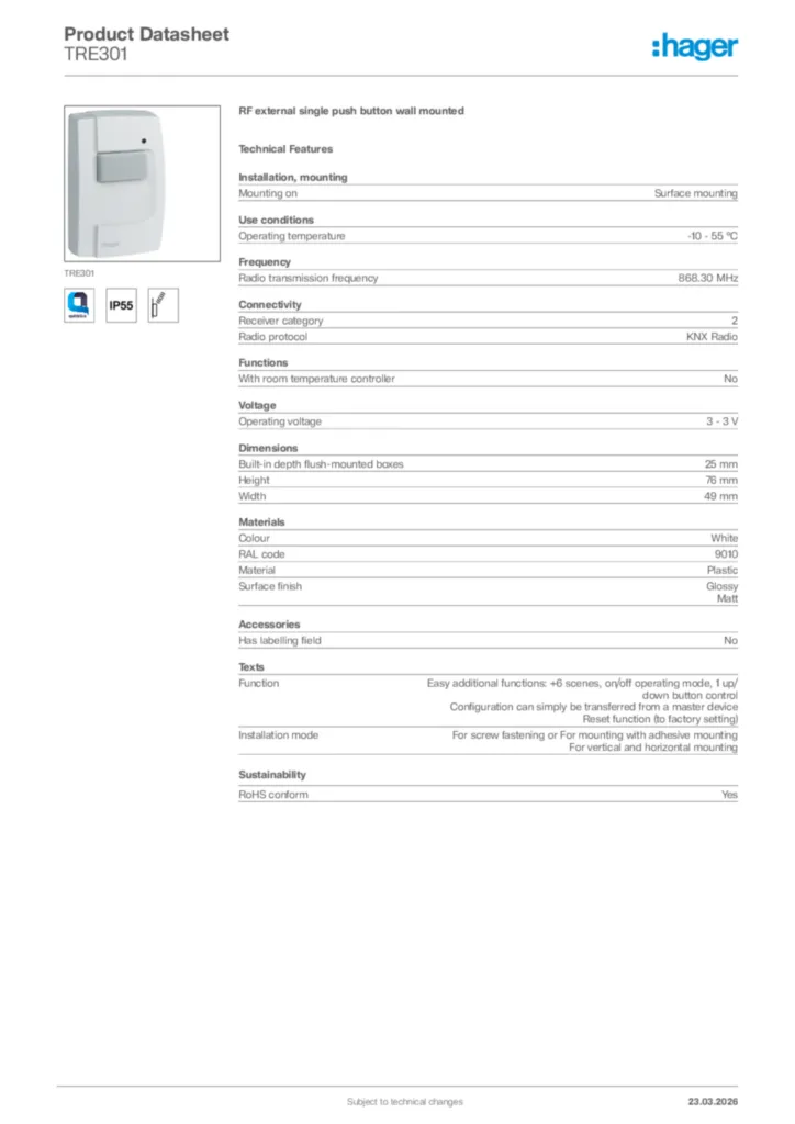Image Hager Product data sheet TRE301  | Hager Africa