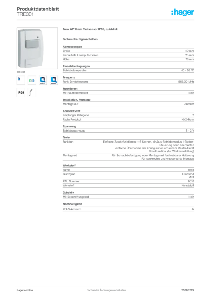 Hager Produktdatenblatt TRE301