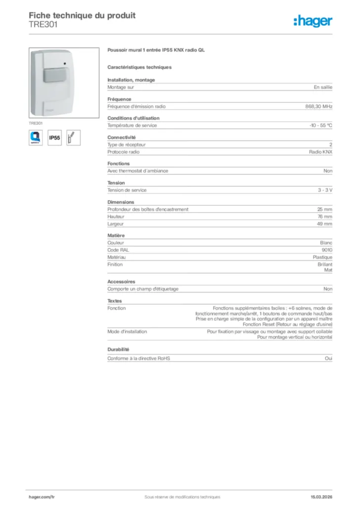 Image Hager Fiche technique du produit TRE301 | Hager France