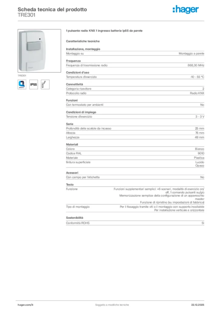 Immagine Hager Scheda tecnica del prodotto TRE301 | Hager Italia