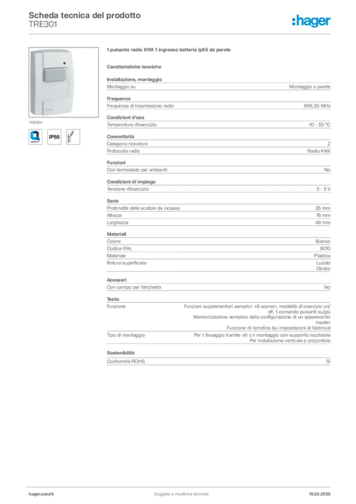 Immagine Hager Scheda tecnica del prodotto TRE301 | Hager Italia