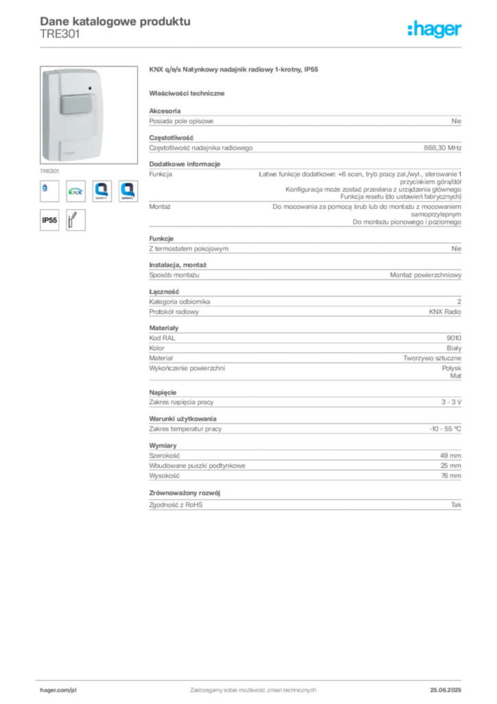 Zdjęcie Hager Dane katalogowe produktu TRE301 | Hager Polska