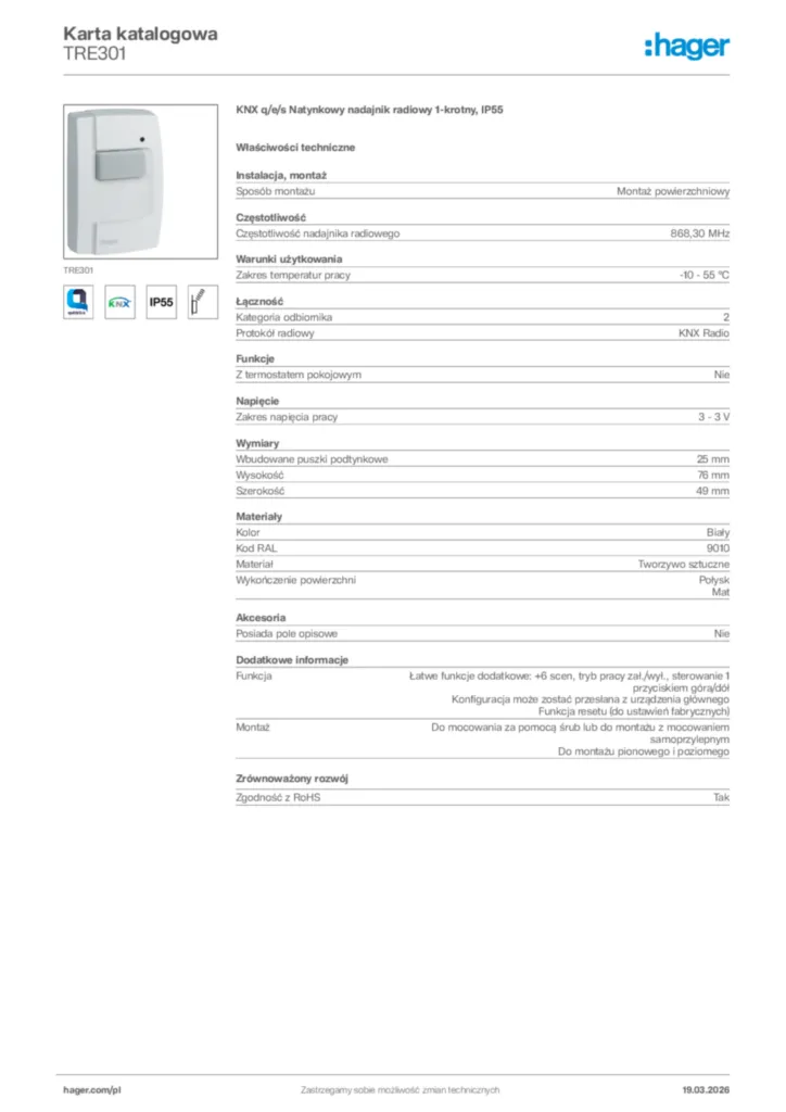 Zdjęcie Hager Karta katalogowa TRE301 | Hager Polska