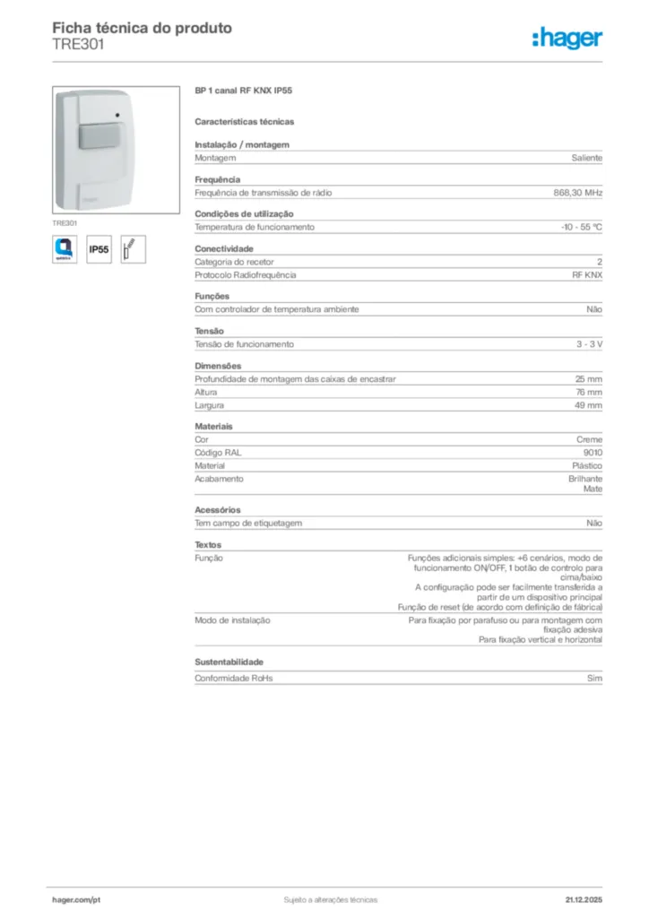Imagem Hager Ficha técnica do produto TRE301 | Hager Portugal