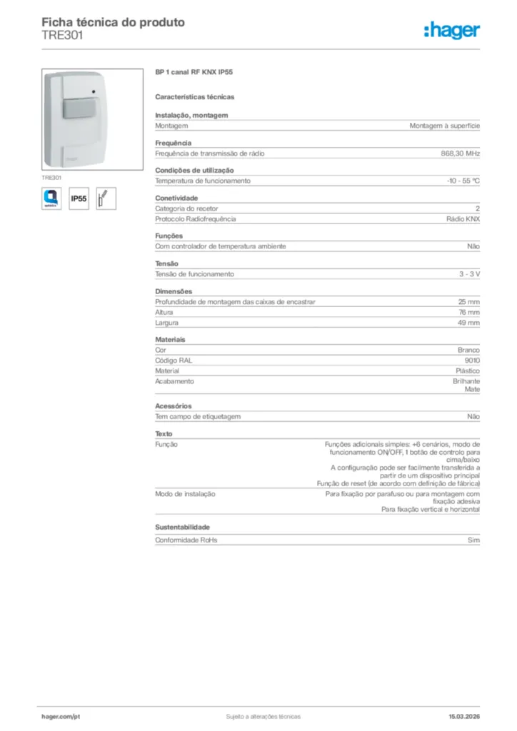 Imagem Hager Ficha técnica do produto TRE301 | Hager Portugal