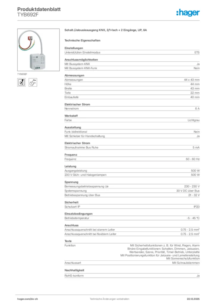 Bild Hager Produktdatenblatt TYB692F | Hager Schweiz