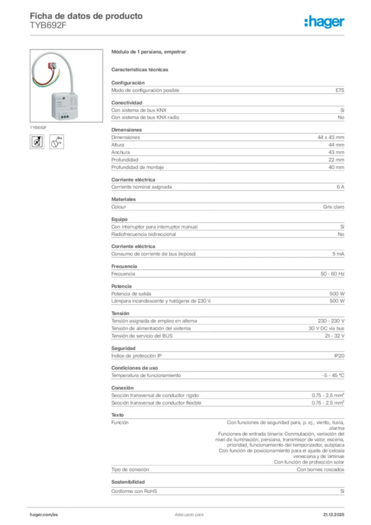 Imagen Hager Ficha de datos de producto TYB692F | Hager España