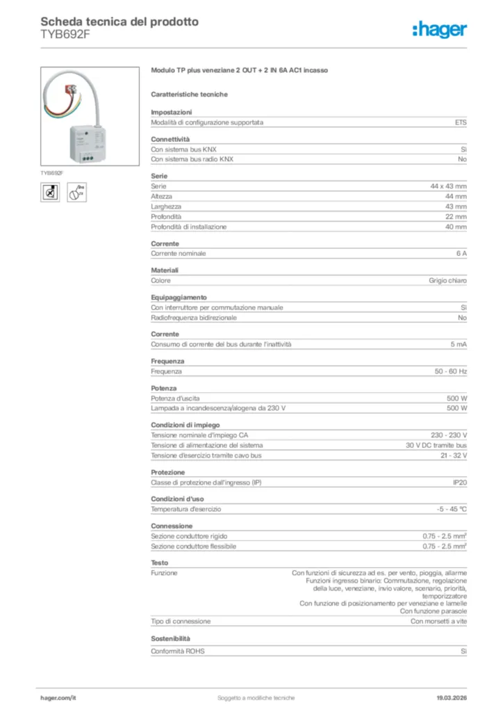 Immagine Hager Scheda tecnica del prodotto TYB692F | Hager Italia