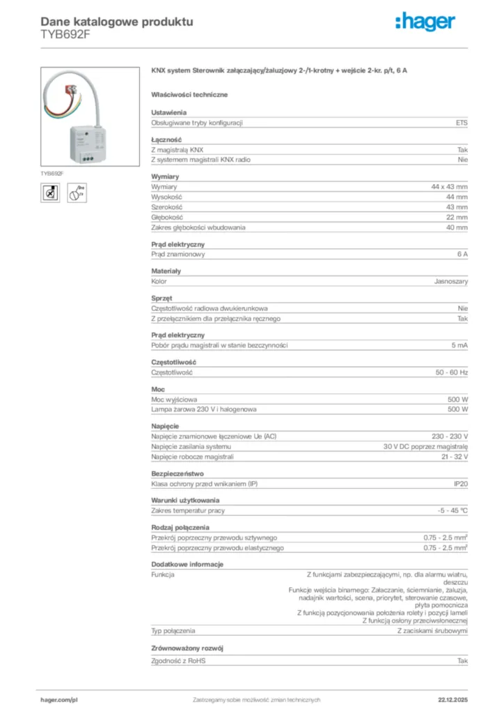 Zdjęcie Hager Dane katalogowe produktu TYB692F | Hager Polska