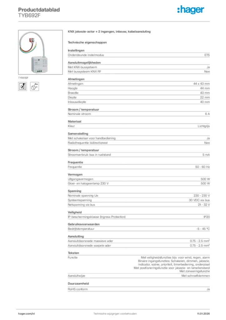 Afbeelding Hager Productdatablad TYB692F | Hager Nederland