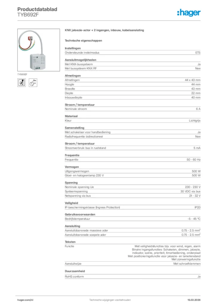 Afbeelding Hager Productdatablad TYB692F | Hager Nederland