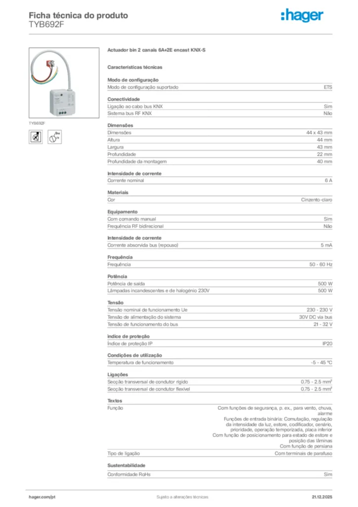 Imagem Hager Ficha técnica do produto TYB692F | Hager Portugal
