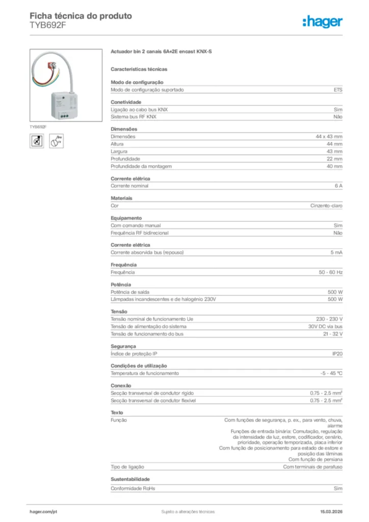 Imagem Hager Ficha técnica do produto TYB692F | Hager Portugal